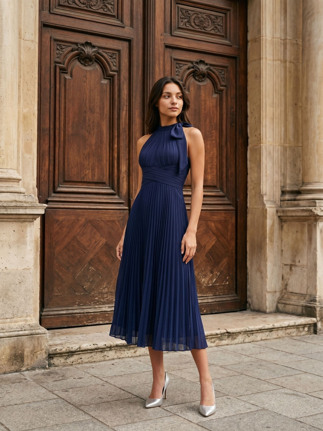 Dark Navy Chiffon A-Line Scoop Neck Tea-Length Dress with Pleating - Curvevia