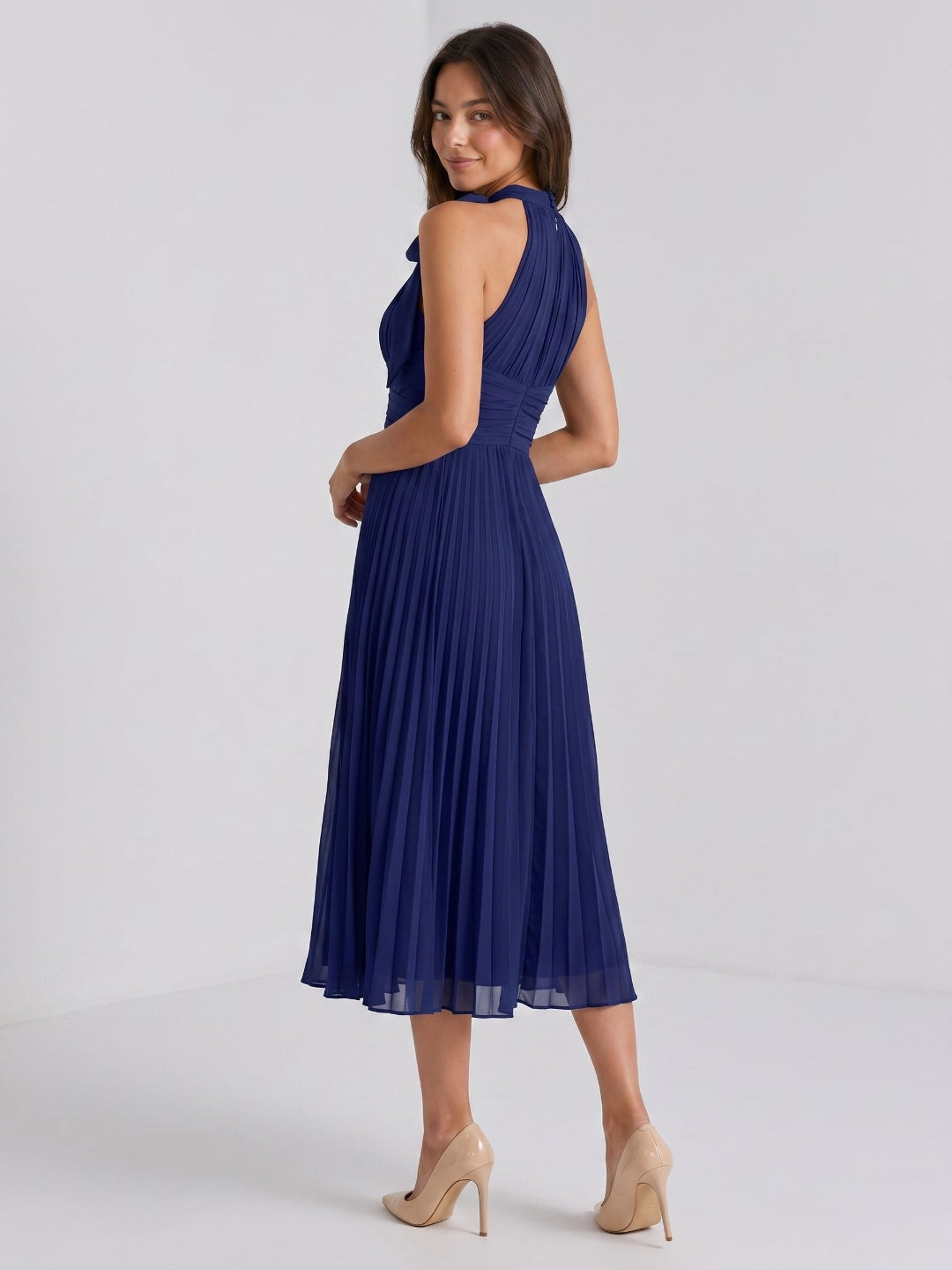 Dark Navy Chiffon A-Line Scoop Neck Tea-Length Dress with Pleating - Curvevia
