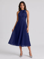 Dark Navy Chiffon A-Line Scoop Neck Tea-Length Dress with Pleating - Curvevia