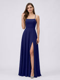 Dark Navy Chiffon A-Line Square Neck Criss-Cross Straps Floor-Length Bridesmaid Dress - Curvevia