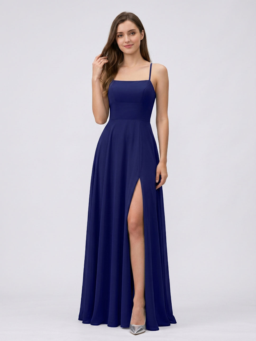 Dark Navy Chiffon A-Line Square Neck Criss-Cross Straps Floor-Length Bridesmaid Dress - Curvevia