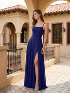 Dark Navy Chiffon A-Line Square Neck Criss-Cross Straps Floor-Length Bridesmaid Dress - Curvevia