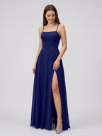 Dark Navy Chiffon A-Line Square Neck Criss-Cross Straps Floor-Length Bridesmaid Dress - Curvevia