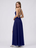 Dark Navy Chiffon A-Line Square Neck Criss-Cross Straps Floor-Length Bridesmaid Dress - Curvevia