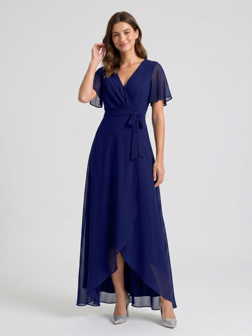 Dark Navy Chiffon A-Line V-Neck Asymmetrical Bridesmaid Dress with Bow - Curvevia
