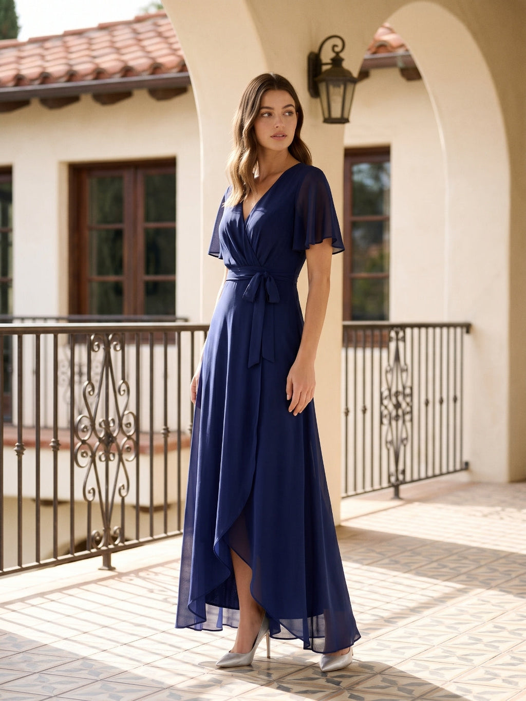 Dark Navy Chiffon A-Line V-Neck Asymmetrical Bridesmaid Dress with Bow - Curvevia