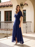 Dark Navy Chiffon A-Line V-Neck Asymmetrical Bridesmaid Dress with Bow - Curvevia