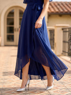 Dark Navy Chiffon A-Line V-Neck Asymmetrical Bridesmaid Dress with Bow - Curvevia
