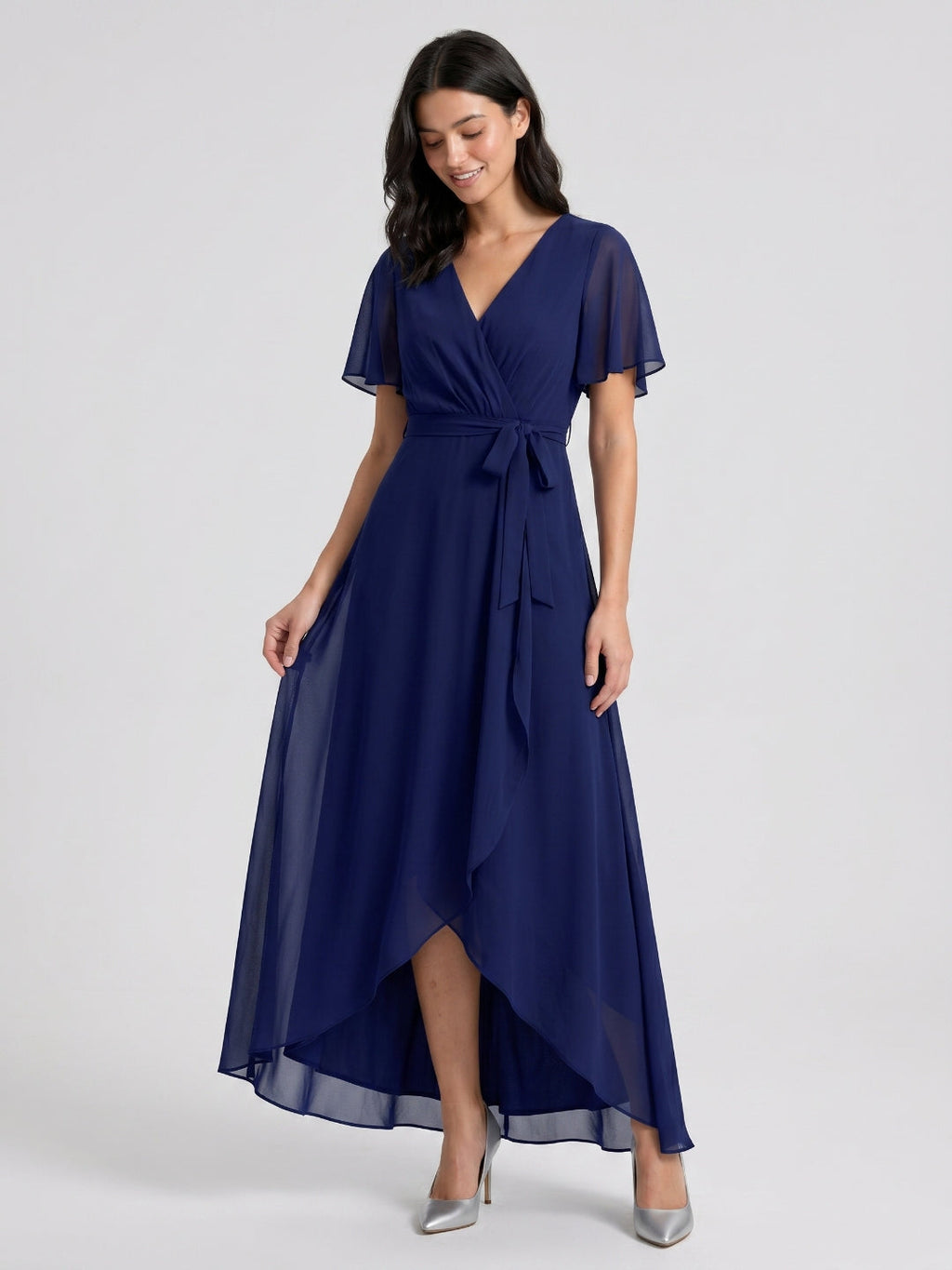 Dark Navy Chiffon A-Line V-Neck Asymmetrical Bridesmaid Dress with Bow - Curvevia