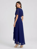 Dark Navy Chiffon A-Line V-Neck Asymmetrical Bridesmaid Dress with Bow - Curvevia