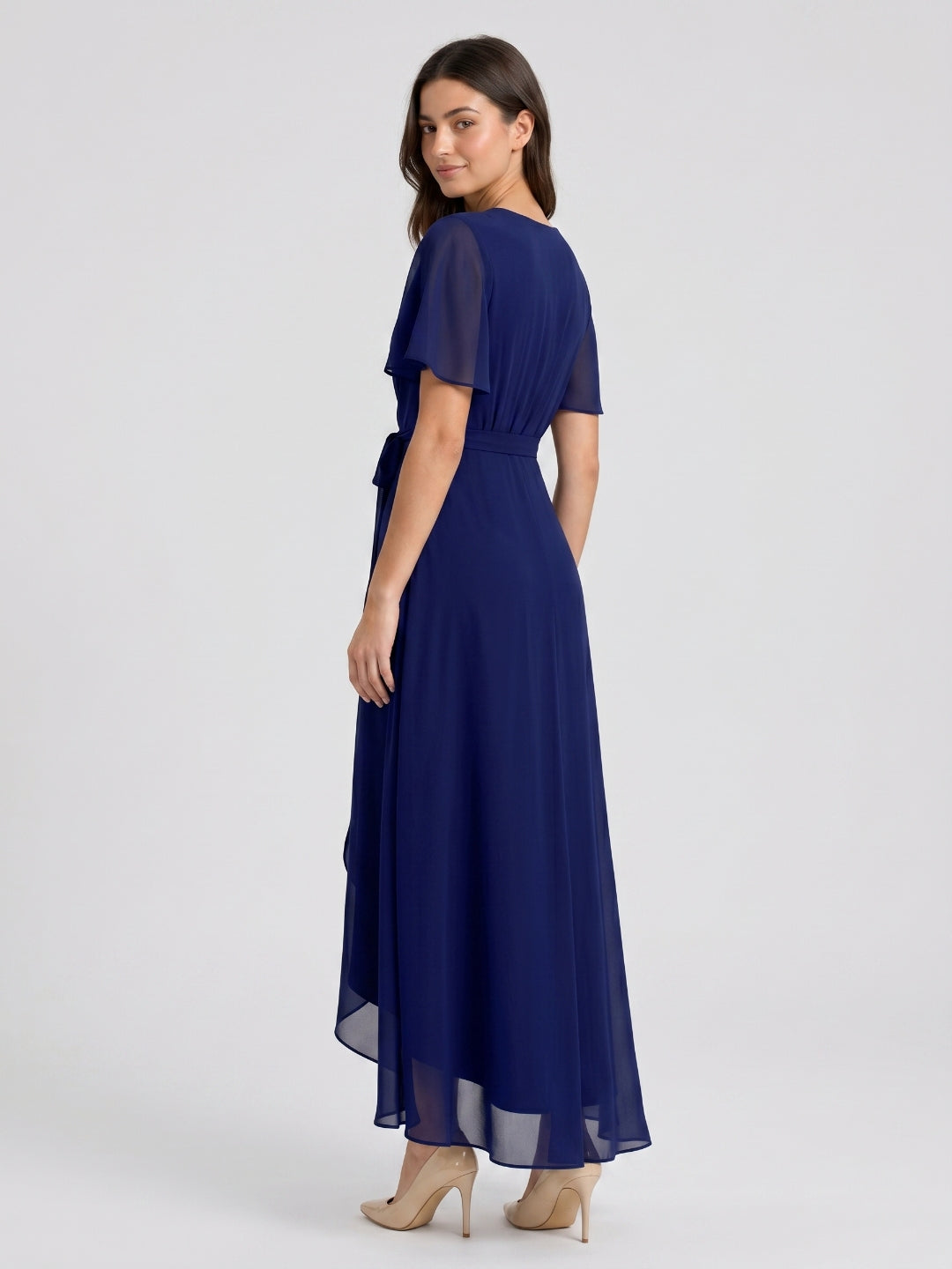 Dark Navy Chiffon A-Line V-Neck Asymmetrical Bridesmaid Dress with Bow - Curvevia