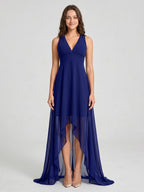 Dark Navy Chiffon A-Line V-Neck Keyhole Back Asymmetrical Bridesmaid Dress - Curvevia