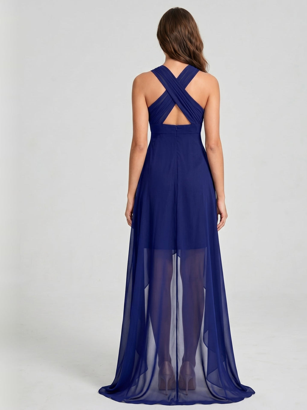 Dark Navy Chiffon A-Line V-Neck Keyhole Back Asymmetrical Bridesmaid Dress - Curvevia