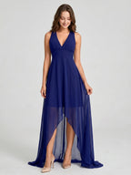 Dark Navy Chiffon A-Line V-Neck Keyhole Back Asymmetrical Bridesmaid Dress - Curvevia