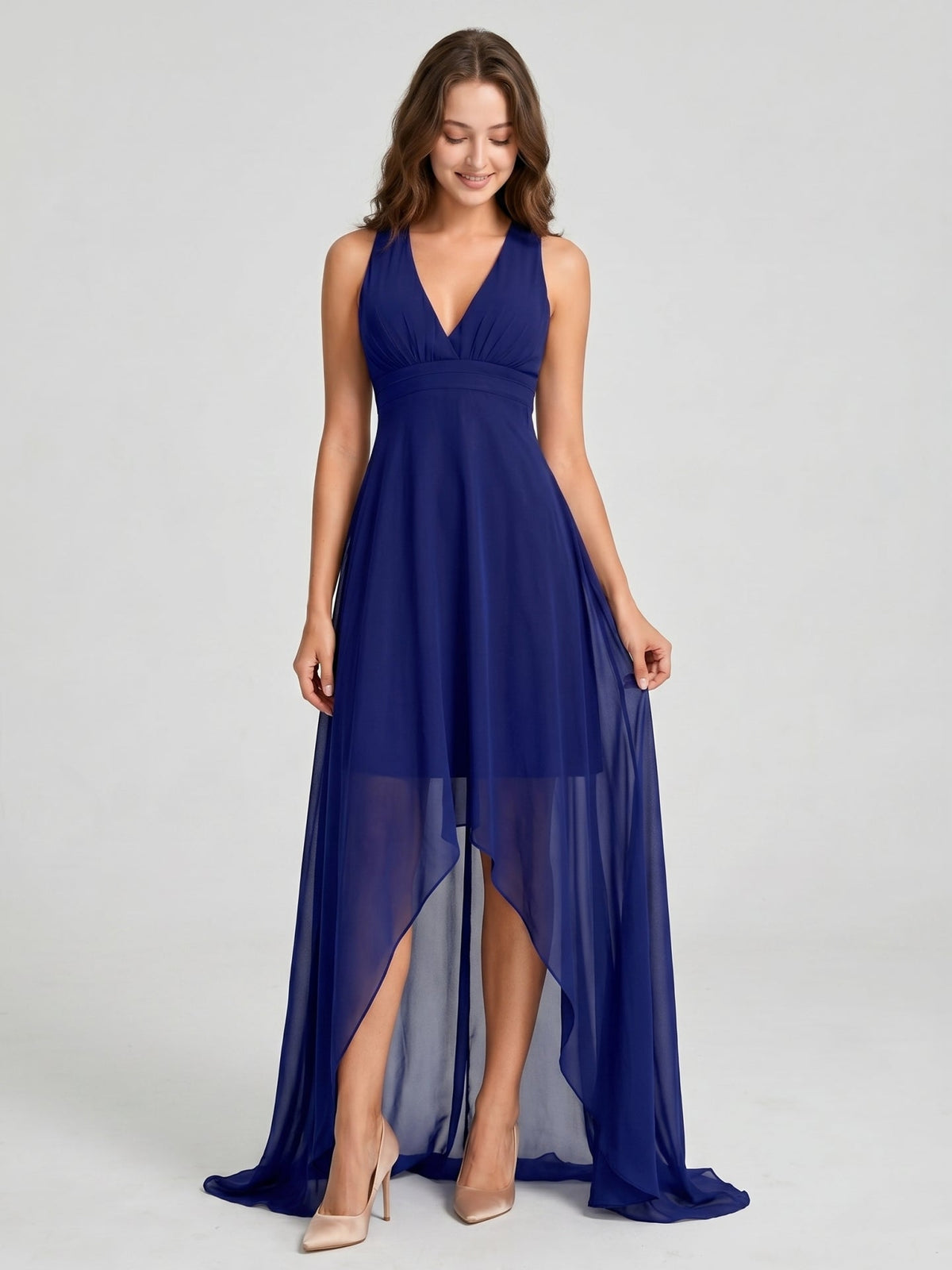 Dark Navy Chiffon A-Line V-Neck Keyhole Back Asymmetrical Bridesmaid Dress - Curvevia