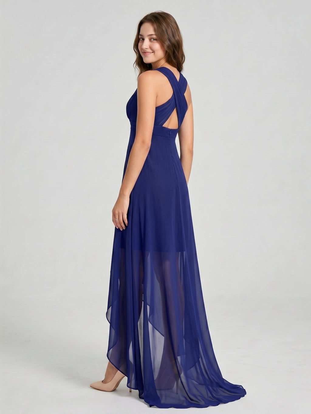 Dark Navy Chiffon A-Line V-Neck Keyhole Back Asymmetrical Bridesmaid Dress - Curvevia