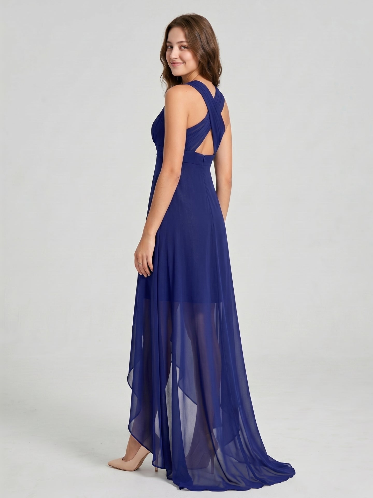 Dark Navy Chiffon A-Line V-Neck Keyhole Back Asymmetrical Bridesmaid Dress - Curvevia