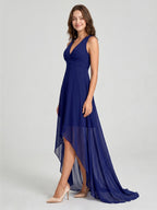 Dark Navy Chiffon A-Line V-Neck Keyhole Back Asymmetrical Bridesmaid Dress - Curvevia