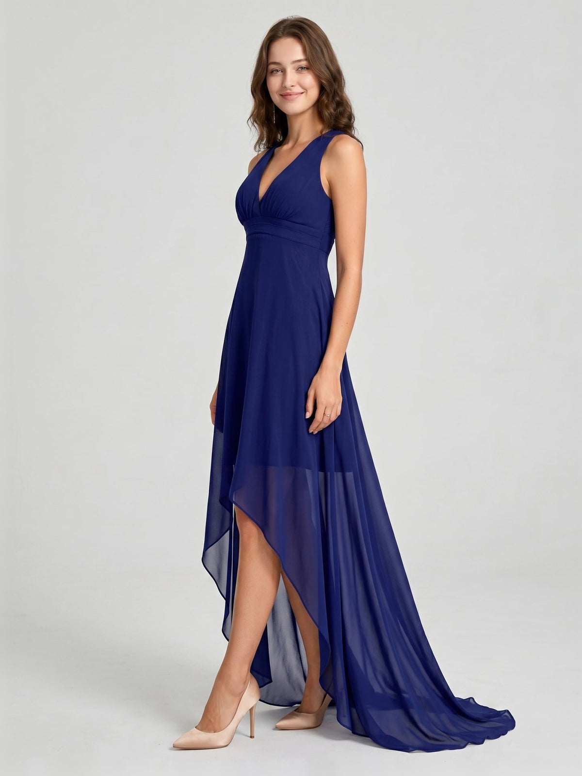Dark Navy Chiffon A-Line V-Neck Keyhole Back Asymmetrical Bridesmaid Dress - Curvevia