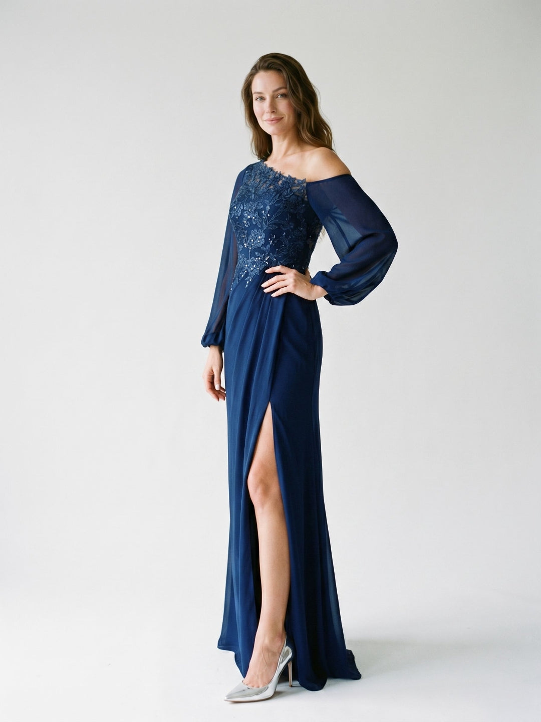 Dark Navy Chiffon Sheath One Shoulder Illusion Floor-Length Dress with Sequins - Curvevia