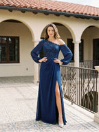 Dark Navy Chiffon Sheath One Shoulder Illusion Floor-Length Dress with Sequins - Curvevia