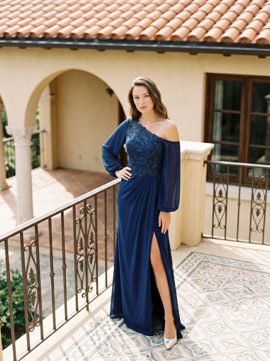 Dark Navy Chiffon Sheath One Shoulder Illusion Floor-Length Dress with Sequins - Curvevia