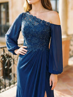 Dark Navy Chiffon Sheath One Shoulder Illusion Floor-Length Dress with Sequins - Curvevia