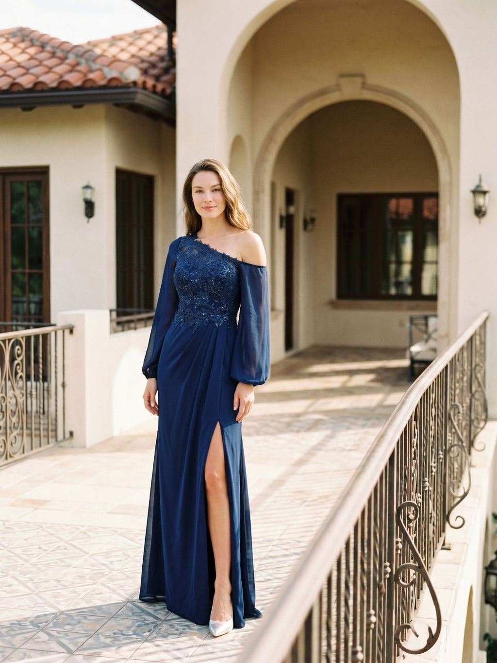 Dark Navy Chiffon Sheath One Shoulder Illusion Floor-Length Dress with Sequins - Curvevia
