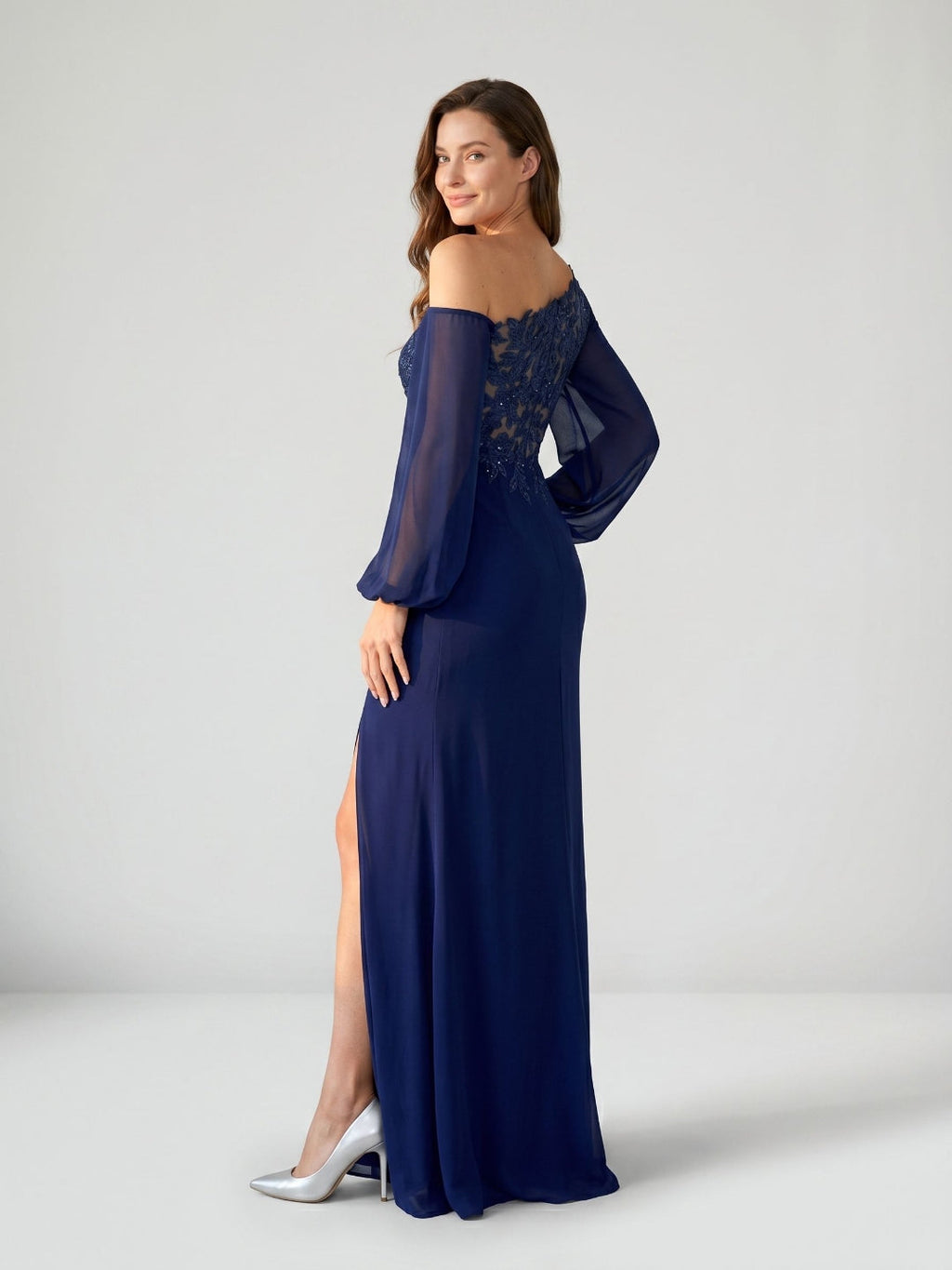 Dark Navy Chiffon Sheath One Shoulder Illusion Floor-Length Dress with Sequins - Curvevia