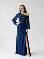 Dark Navy Chiffon Sheath One Shoulder Illusion Floor-Length Dress with Sequins - Curvevia