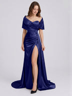 Dark Navy Satin Mermaid Off-the-Shoulder Back Zip Floor-Length Pleated Bridesmaid Dress - Curvevia
