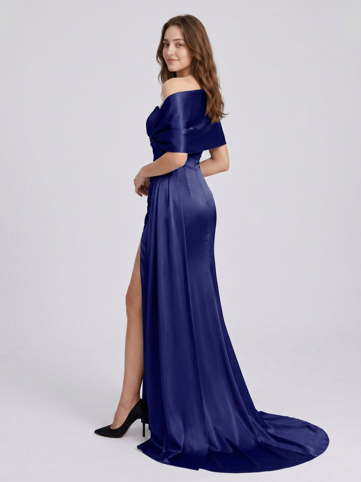Dark Navy Satin Mermaid Off-the-Shoulder Back Zip Floor-Length Pleated Bridesmaid Dress - Curvevia