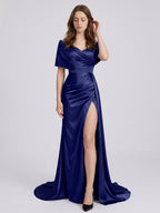 Dark Navy Satin Mermaid Off-the-Shoulder Back Zip Floor-Length Pleated Bridesmaid Dress - Curvevia