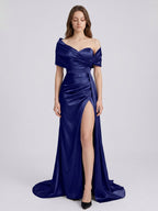 Dark Navy Satin Mermaid Off-the-Shoulder Back Zip Floor-Length Pleated Bridesmaid Dress - Curvevia