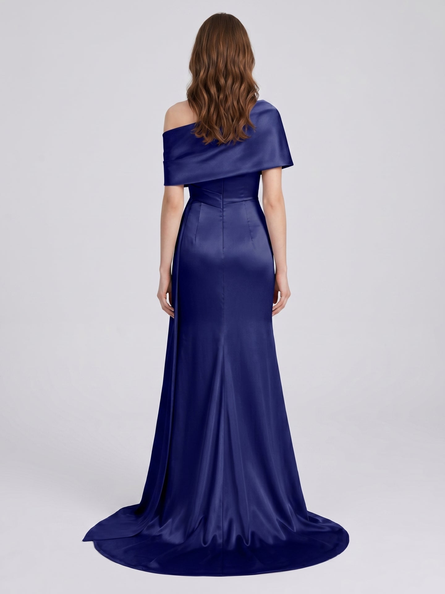 Dark Navy Satin Mermaid Off-the-Shoulder Back Zip Floor-Length Pleated Bridesmaid Dress - Curvevia