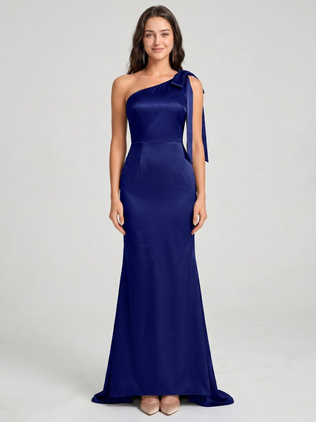 Dark Navy Satin Mermaid One Shoulder Side Zip Floor-Length Bridesmaid Dress with Bow - Curvevia
