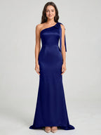 Dark Navy Satin Mermaid One Shoulder Side Zip Floor-Length Bridesmaid Dress with Bow - Curvevia