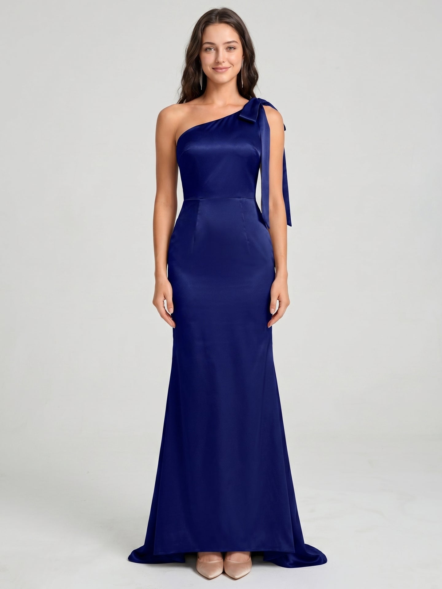 Dark Navy Satin Mermaid One Shoulder Side Zip Floor-Length Bridesmaid Dress with Bow - Curvevia