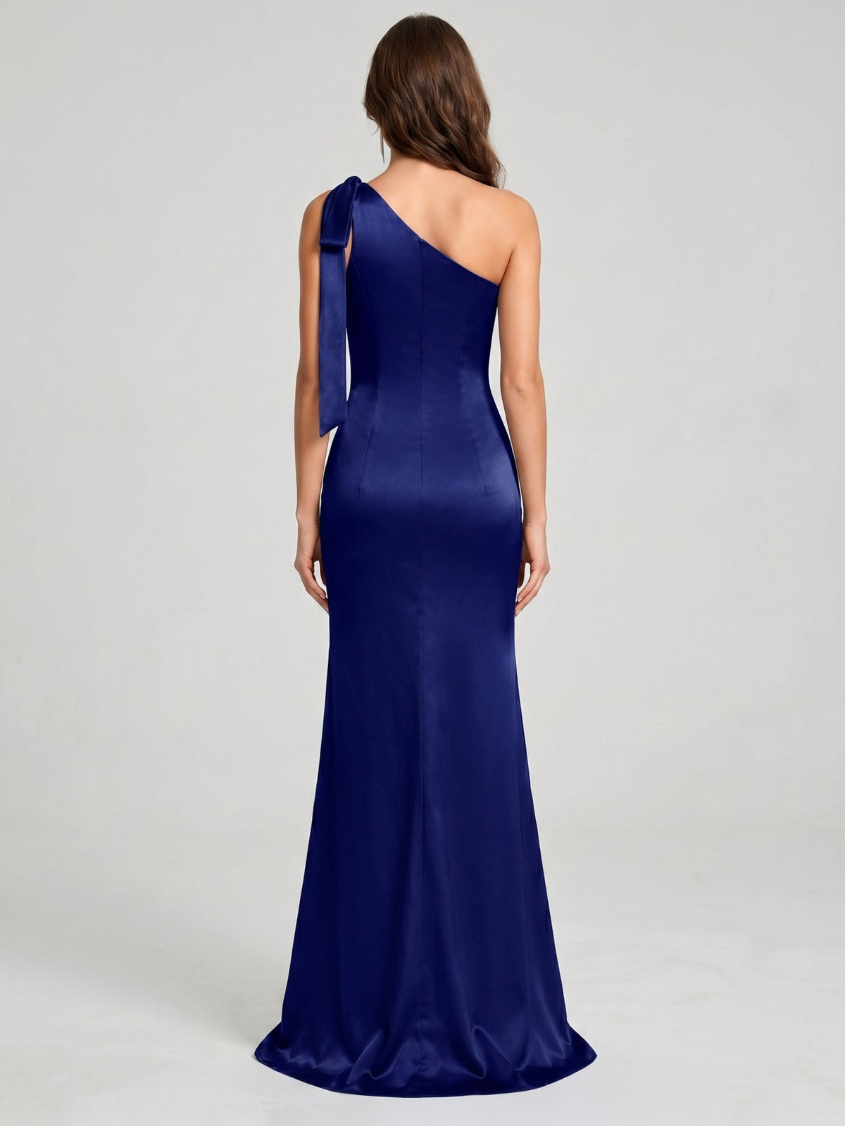 Dark Navy Satin Mermaid One Shoulder Side Zip Floor-Length Bridesmaid Dress with Bow - Curvevia