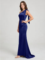 Dark Navy Satin Mermaid One Shoulder Side Zip Floor-Length Bridesmaid Dress with Bow - Curvevia