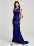 Dark Navy Satin Mermaid One Shoulder Side Zip Floor-Length Bridesmaid Dress with Bow - Curvevia