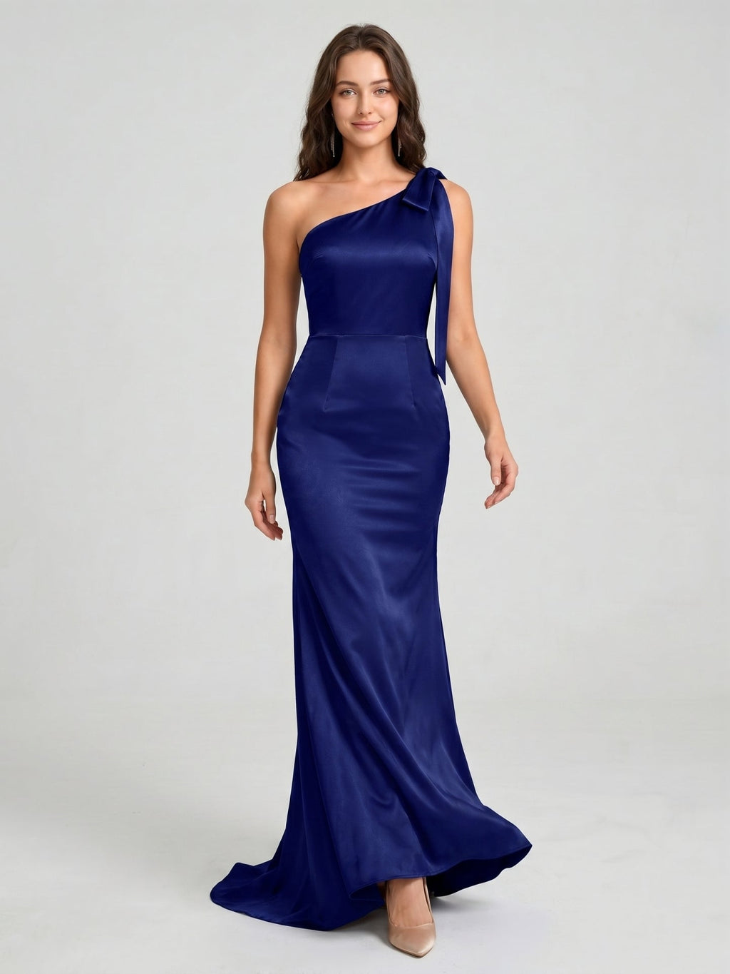 Dark Navy Satin Mermaid One Shoulder Side Zip Floor-Length Bridesmaid Dress with Bow - Curvevia