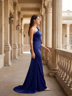 Dark Navy Satin Mermaid One Shoulder Side Zip Floor-Length Bridesmaid Dress with Bow - Curvevia