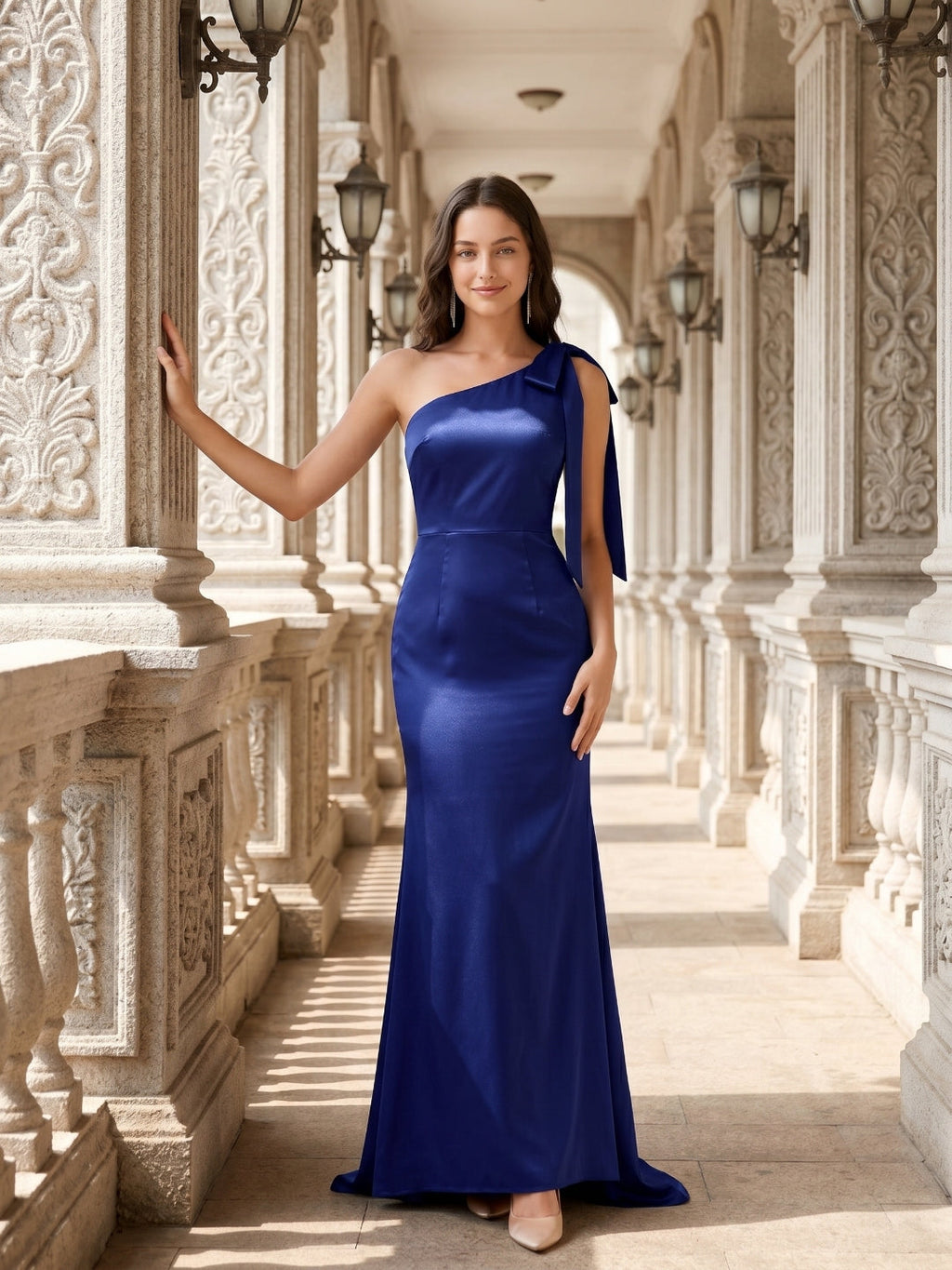 Dark Navy Satin Mermaid One Shoulder Side Zip Floor-Length Bridesmaid Dress with Bow - Curvevia