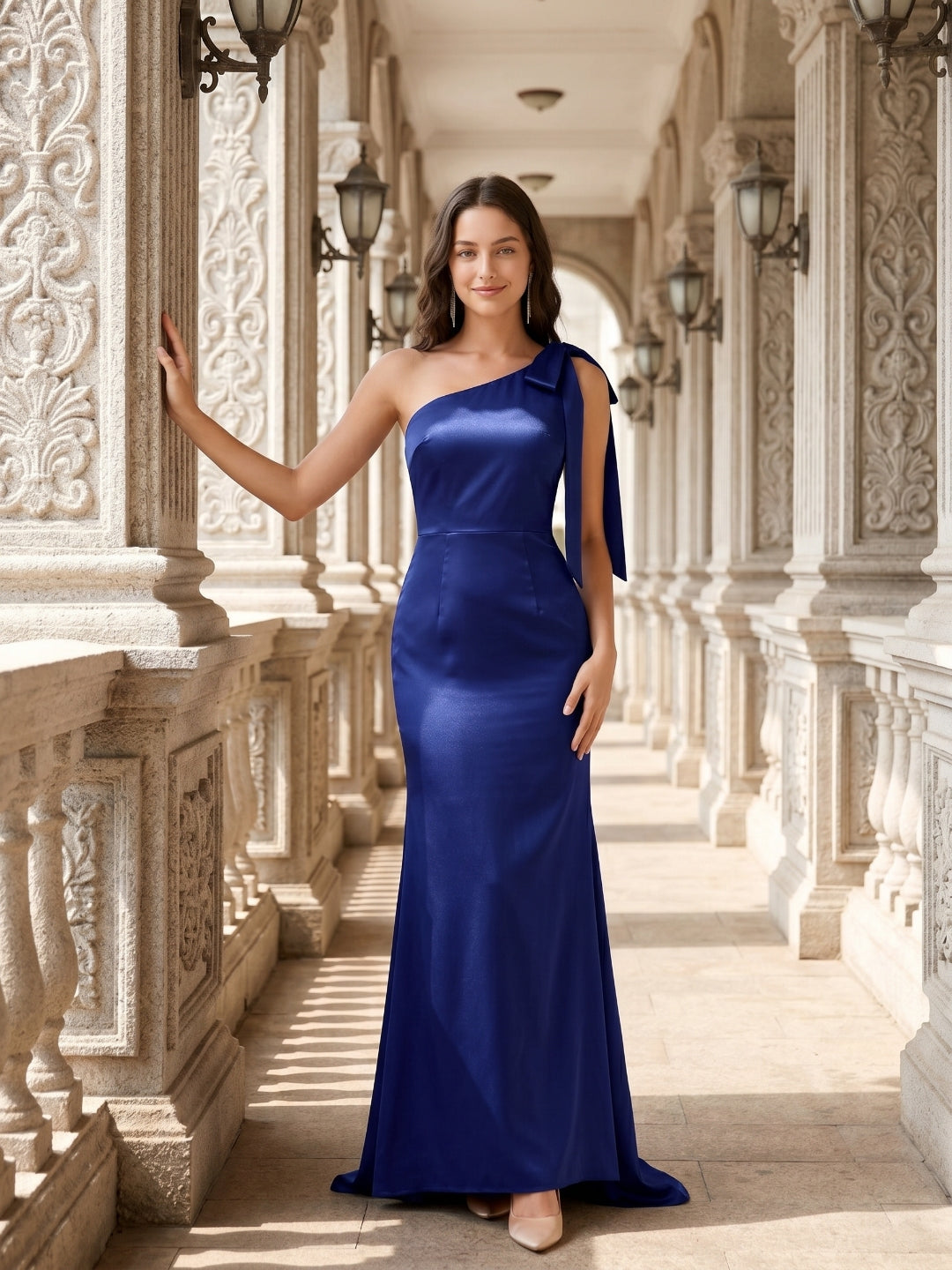 Dark Navy Satin Mermaid One Shoulder Side Zip Floor-Length Bridesmaid Dress with Bow - Curvevia
