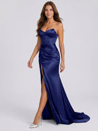 Dark Navy Satin Sheath Straight Neck Back Zip Floor-Length Pleated Bridesmaid Dress - Curvevia