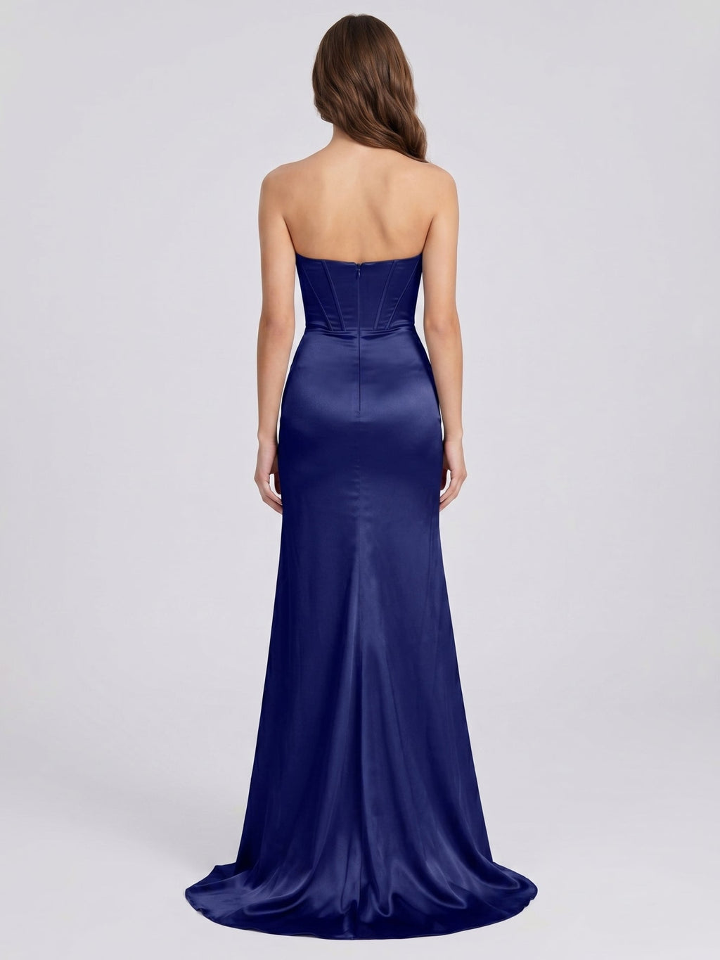 Dark Navy Satin Sheath Straight Neck Back Zip Floor-Length Pleated Bridesmaid Dress - Curvevia