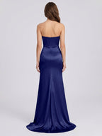 Dark Navy Satin Sheath Straight Neck Back Zip Floor-Length Pleated Bridesmaid Dress - Curvevia