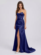 Dark Navy Satin Sheath Straight Neck Back Zip Floor-Length Pleated Bridesmaid Dress - Curvevia