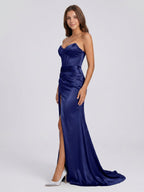 Dark Navy Satin Sheath Straight Neck Back Zip Floor-Length Pleated Bridesmaid Dress - Curvevia